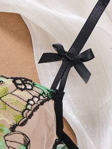 1 Set 2pcs Women's Embroidered Floral Butterfly Lingerie, Comfortable Home Style Ultra Short Top And Thong, Valentine's Day Gift - Green - View 5