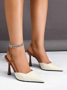 Women's High Heel Pointed Toe Fashion Commute Side Vertical Strap Open Back Slingback Buckle Pumps - Beige - View 4