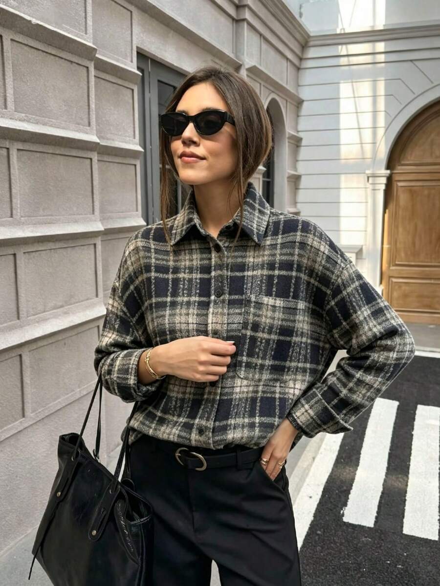Women's Brushed Plaid Button Front Pocket Casual Shirt Spring - Multicolor - View 1