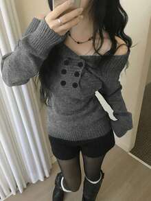 Korean Style Cool Vibe Off Shoulder Turn-Down Collar Double-Breasted Versatile Slimming Top Base Layer Cold Shoulder Knit Sweater - Grey - View 2