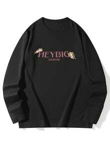 Women's Fashion Autumn/Winter Loose Minimalist Versatile Letter & Floral Print Long Sleeve T-Shirt - Black - View 9