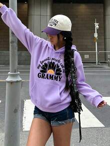 Grammy Print Kangaroo Pocket Hoodie, Casual, Long Sleeve, Drawstring, Loose Fit, Comfortable Daily Wear For Women - Perfect For Autumn/Winter - Mauve Purple - View 2