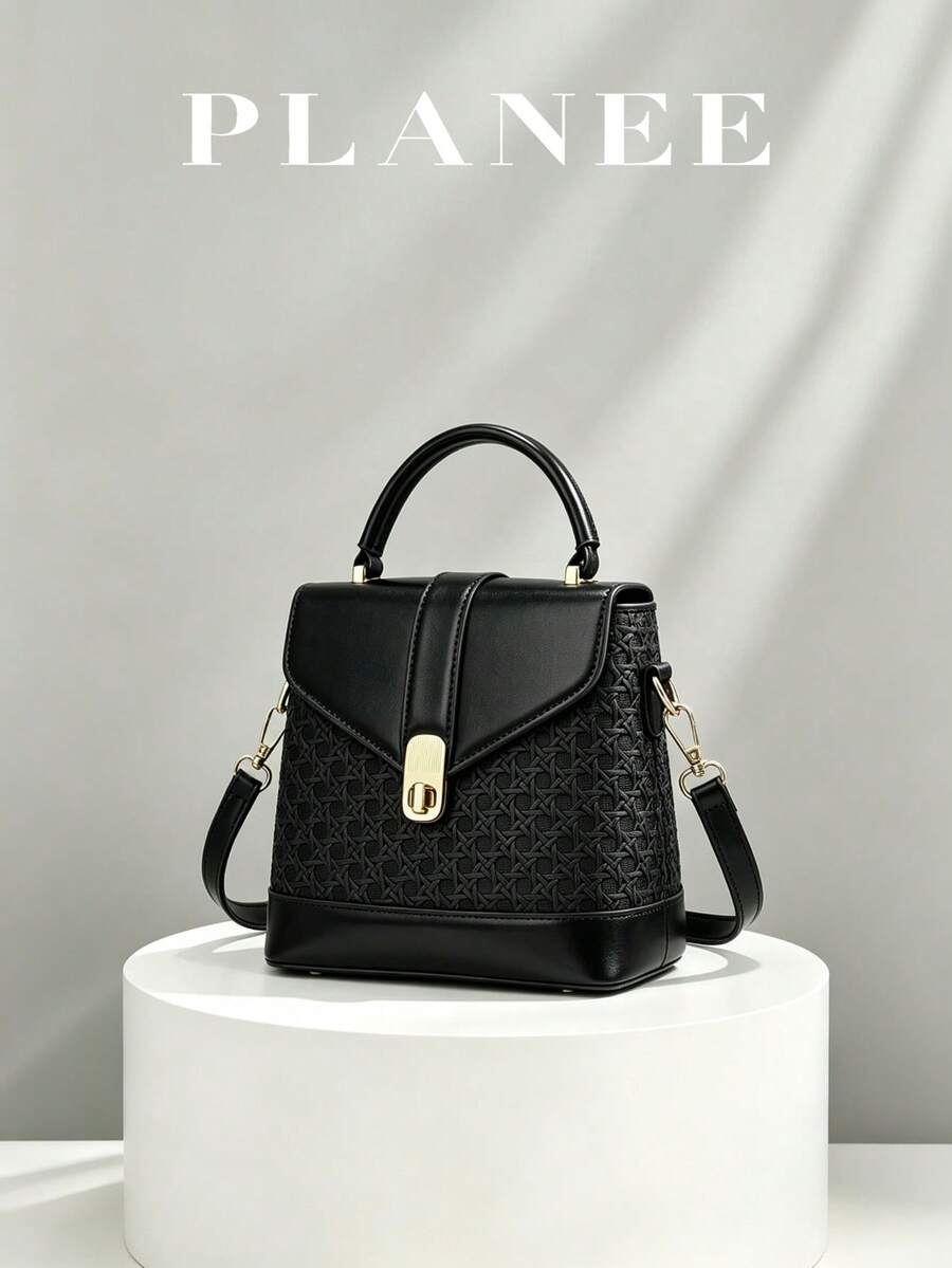 Black Woven Bucket Bag For Women Vintage Top Handle Crossbody Purse Gold Hardware Structured Handbag For Work - Black - View 1