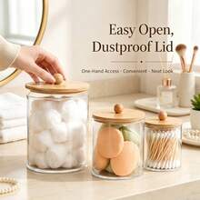 Bamboo Lid Dust-Proof Storage Jar Transparent Visible Desktop Organizer Box Large Opening Easy Access Cotton Pads Cotton Swabs Makeup Sponges Jewelry Vanity Organizer - Multicolor - View 3