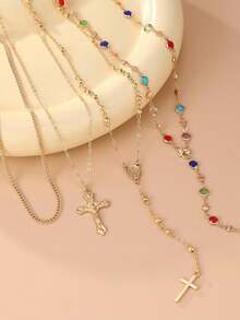 4pcs/Set Faux Gemstone Rhinestone Cross Necklace Set, Elegant Vintage, Daily Accessory For Women Summer Beach Dance Party Wear (Rhinestone Color Random) - Golden - View 9