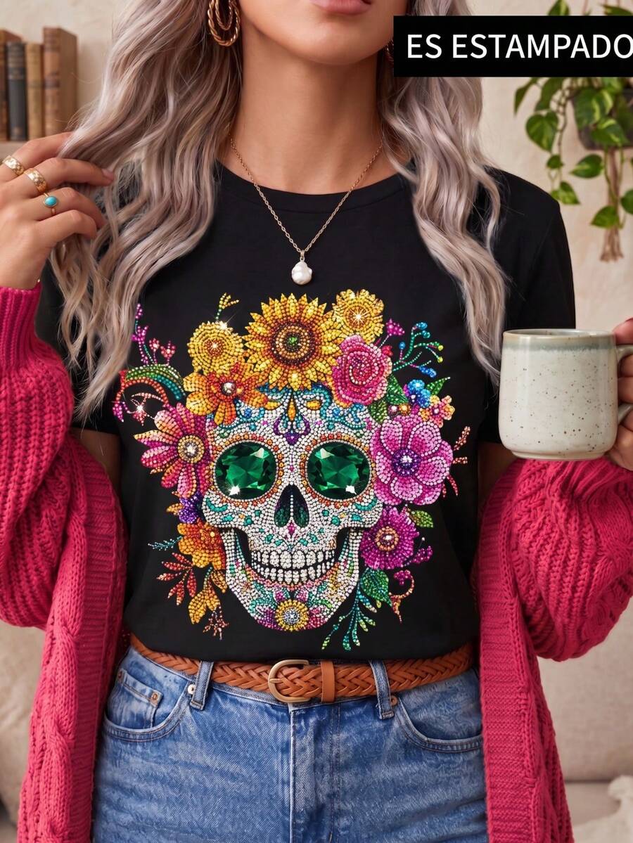 Blusa Camiseta de Mujer Playera Gráfica Dama Básica Casual Manga Corta Cuello Redondo Estampado Gráfico Halloween Día de Muertos Noche Brujas Disfraz Calavera Imitación Brillos Calaca Huesos - Negro - Ver 1