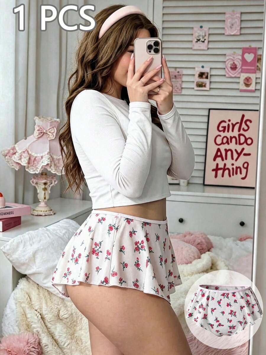 Celana Dalam Wanita Ukuran Besar Motif Bunga dengan Hiasan Ruffle, Desain Rok Jala yang Lucu, Lembut dan Bernapas, Cocok untuk Dipakai di Rumah, Kamar Tidur, Hari Valentine, dan Perayaan Ulang Tahun - Putih - View 1