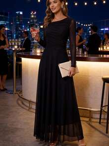 Elegant Black Asymmetric Neck Sheer Mesh Long Sleeve Maxi Dress, Ruched Waist Flowy Formal Gown For Fall Wedding Guest, Thanksgiving, Halloweenr Party - Black - View 11
