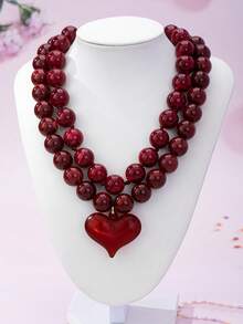 OABE 2pcs/Set Bohemian Style Round Bead Layered Necklace Set With Heart Pendant, Suitable For Women's Daily Wear, Holiday/Birthday Surprise Gift - Burgundy - View 3