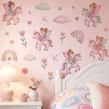 1pc Dreamy Rainbow Cloud & Flower Wall Sticker, Cozy Fairy Tale Style Self-Adhesive Decorative Decal - Multicolor - View 1