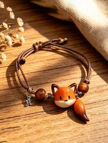 Cute Fox Pet Knitted Bracelet, Cartoon Fox Head & Tail Braided Adjustable Bracelet, Bohemian Handmade Beaded Jewelry Gift - Style 1 - View 2