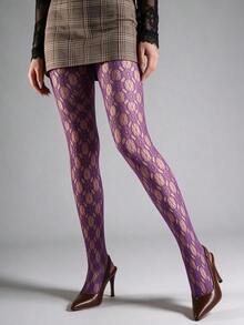 1 Pair Plus Size Women's Slim Fit Fashion Hollow Out Elastic Fishnet Tights, Sexy Leg-Shaping Y2K Hot Girl Style Fishnet Leggings, Black Stockings For Halloween, Christmas, Party, Gathering, Office, Home, Versatile Pantyhose - Purple - View 2