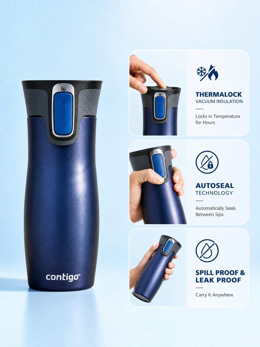 Contigo 不鏽鋼真空保溫旅行杯,自動密封防漏咖啡隨行杯,易清洗杯蓋,便攜式冷熱飲杯,適合戶外、辦公室、開車使用 - 淺藍色 - 查看 1