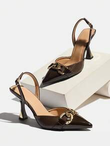 Women's Gold Chain Decor Pointed Toe Slingback Metal Chunky High Heel Elegant Coffee Color Glossy Sequin Material Open Back Pumps Suitable For Party Date Evening Dinner Spring Summer Autumn Winter - Coffee Brown - View 7