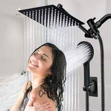 MC Cabezal de Ducha de lluvia Cuadrado Brazo de Ducha Plegable Ultrafino de 8 Pulgadas Desviador de 3 Velocidades Manguera de 150 cm Rociador de Mano de 5 Funciones Brazo Plegable de Aleación de Zinc Juego de Cabezal de Ducha Cuadrado - A-Negro - Ver 2