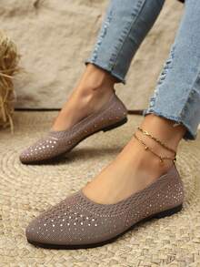 Khaki Rhinestone Low Vamp Slip-On Low Heel Breathable Casual Mom Shoes For Women Autumn Commute - Khaki - View 2