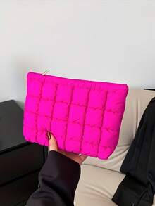 1pc Large Capacity Quilted Polyester Fabric Soft Makeup Bag, Cosmetic Pouch For Phone, Power Bank And Digital Accessories, Solid Color With Zipper, Minimalist Portable Storage Bag For Business Travel, Daily Use, Suitable For Women All Seasons - Multicolor - View 6