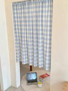 1pc Korean Style Light Blue Vintage Half Curtain, Bay Window Partition Curtain, Small Window Kitchen Half Curtain - Multicolor - View 1
