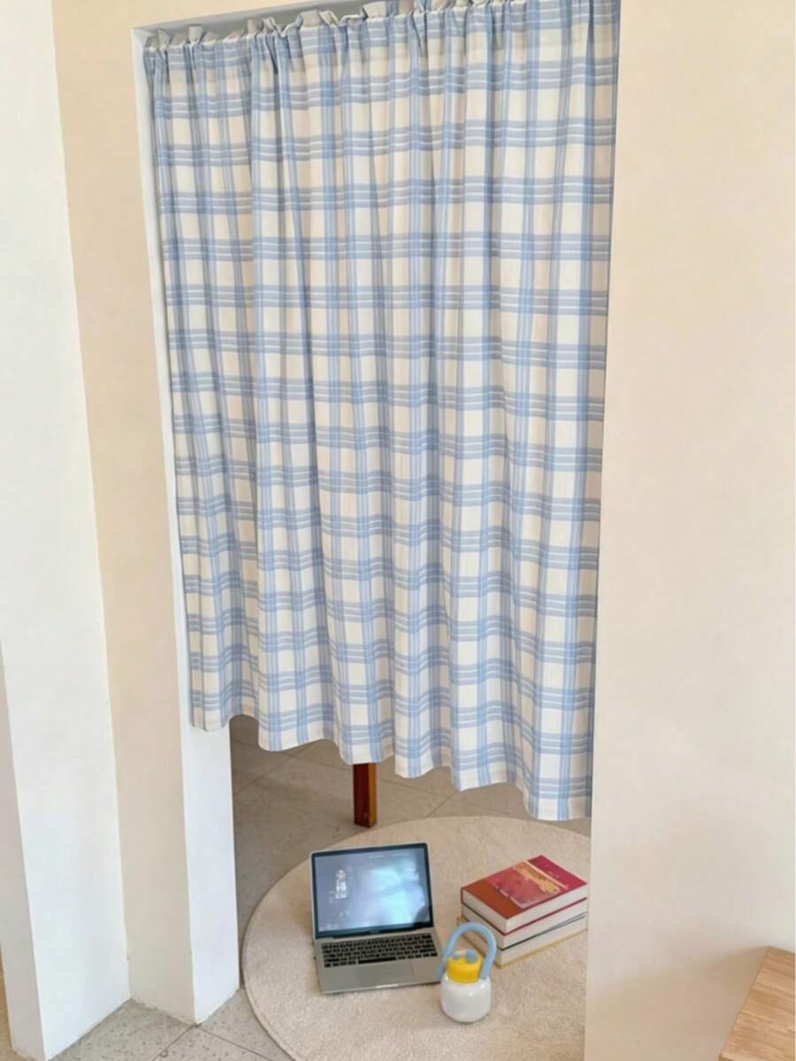 1pc Korean Style Light Blue Vintage Half Curtain, Bay Window Partition Curtain, Small Window Kitchen Half Curtain - Multicolor - View 1