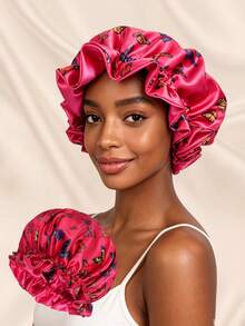 Double Layer Colorblock Satin Sleep Cap Wig Cap - Rose Pink Butterfly Lace Hat - View 2