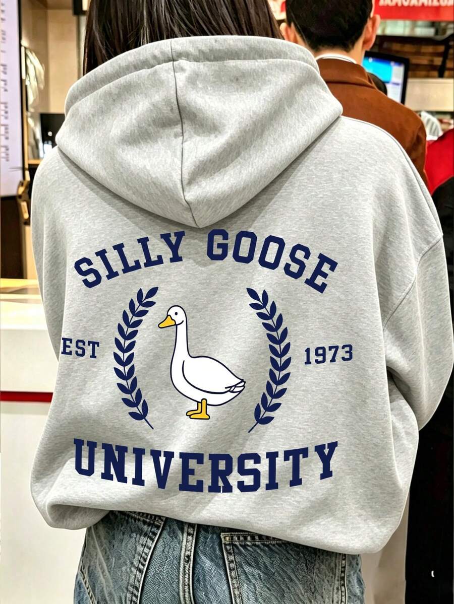 大學風 Silly Goose University 小麥卡通鴨印花運動衫，美式校園日常百搭上衣，秋季休閒款