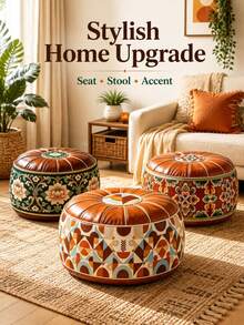 1pc Vintage Floral Storage Ottoman Footstool, Round Leather Decorative Footstool, Soft Padded Top, Decorative Extra Seating For Living Room, Bedroom, Dressing Room, Entryway And Small Spaces - View 6