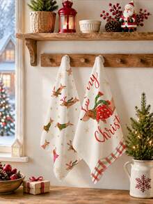 2pcs Christmas Dachshund With Scarf And Snowflake Pattern Kitchen Towels, Soft Polyester Dish Cloths, Suitable For Kitchen Decor, Kitchen Cleaning, Holiday Party Decoration, Kitchen Bathroom Supplies Home Essentials, Home Decor, Housewarming Gift - Multicolor - View 5