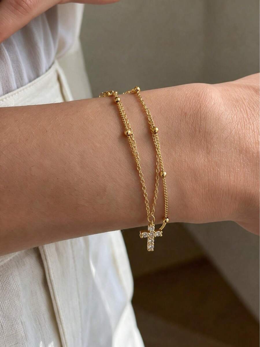 1pc Women's Gold Copper Inlaid CZ Double Layer Cross Pendant Design Luxury Style Bracelet Suitable For Daily Wear, Gatherings And Parties - Multicolor - View 1