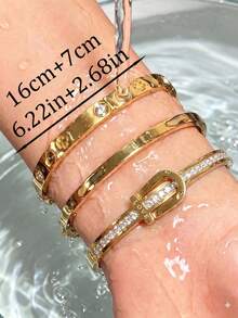 3Pcs Women Stainless‑Steel Bangle Set,Gold‑Tone Clover Rhinestone LOVE Buckle Stackable Buckle Bracelet Jewelry - Gold - View 6