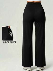Plus Size Women's High Waist Wide Leg Sports Pants With Side Pockets, Casual Fitness Daily Straight Leg Sweatpants - Black - View 2