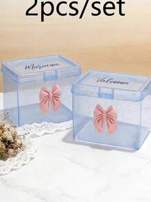 Personalized Cute Bowknot Transparent Plastic Storage Boxes, Glitter Desktop Organizer, Dust-Proof Cosmetic Jewelry Stationery Small Items Storage Box, Pink/Blue - Multicolor - View 8