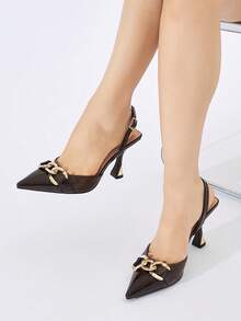 Women's Gold Chain Decor Pointed Toe Slingback Metal Chunky High Heel Elegant Coffee Color Glossy Sequin Material Open Back Pumps Suitable For Party Date Evening Dinner Spring Summer Autumn Winter - Coffee Brown - View 4