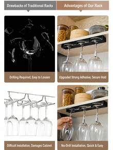 1pc No-Drill Hanging Wine Glass Rack, Cabinet Under-Mount Stemware Storage Holder, Thickened ABS Material With Rounded Edges To Protect Glasses, Space-Saving Easy Installation Anti-Slip Nail-Free Glassware Organizer For Kitchen, Bar, Restaurant, Cafe - A - View 9