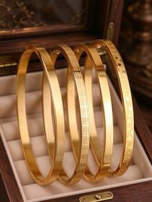 4pcs/1pc Minimalist Fashion Casual Classic Pattern Series Gold Stainless Steel Women's Bracelet, Vacation Anniversary Holiday Gift, Suitable For Daily Wear, Layering Bangle, Gift For Friends - Yellow Gold - View 9