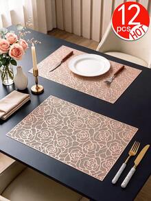 Tkvega • Home 2-12pcs Gold Rose Placemats, PVC Material Minimalist Style Foil Stamped Vase Mat, Washable, Easy To Clean, Wipeable, Non-Slip, Heat Resistant, Dining Table Mat, Suitable For Room Decor, Home Dining Table Decor, Home Decor, Ideal For Holidays, Parties, Birthdays, Weddings And Dinner Parties - Multicolor - View 10