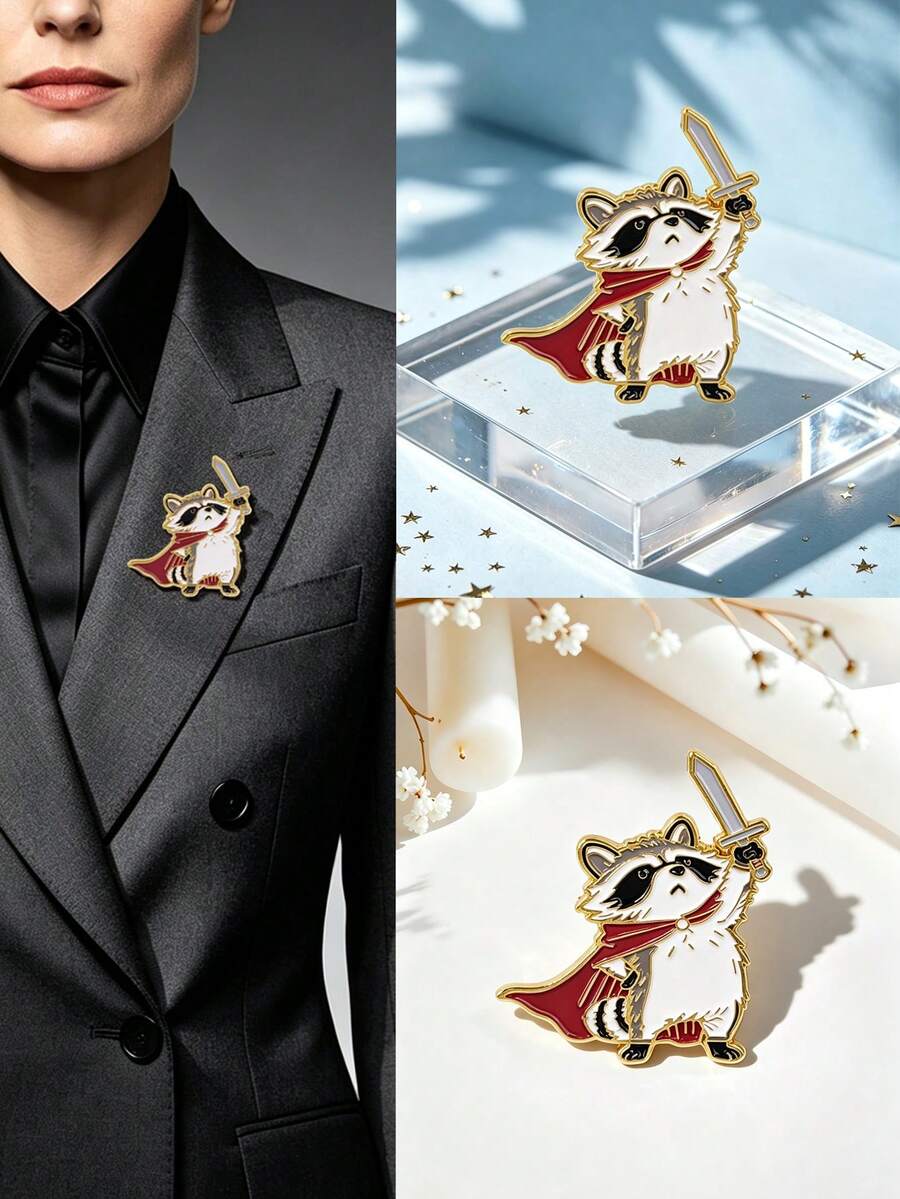 1pc Fantasy Style Sword-Holding Raccoon Brooch, Cute & Cool Creative Design With Exquisite Detailed Craftsmanship, Suitable For Various Clothing And Bag Decoration, Unique Creative Gift For Animal Lovers - Multicolor - View 1