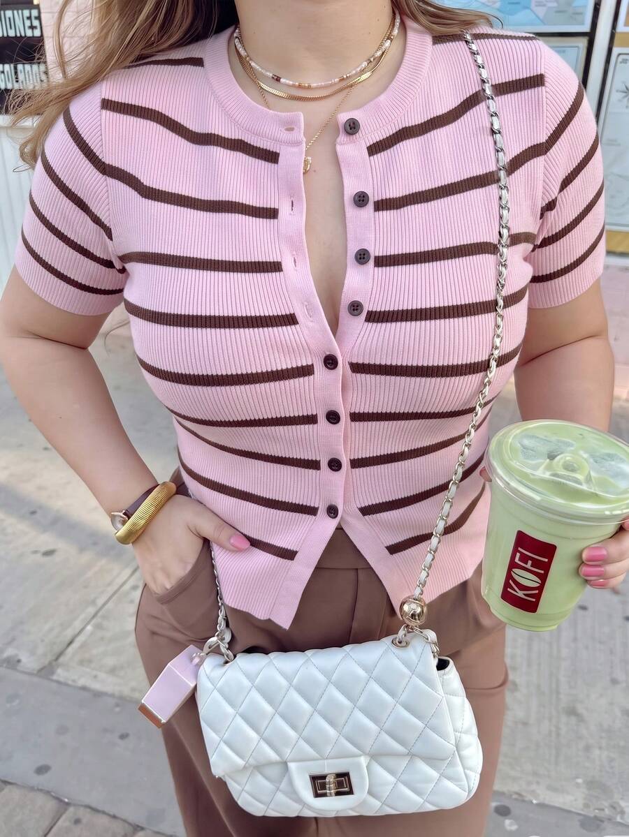 Women's Pink Striped Short Sleeve Cardigan Sweater With Buttons, Preppy Style Spring Knit Top - Pink - View 1