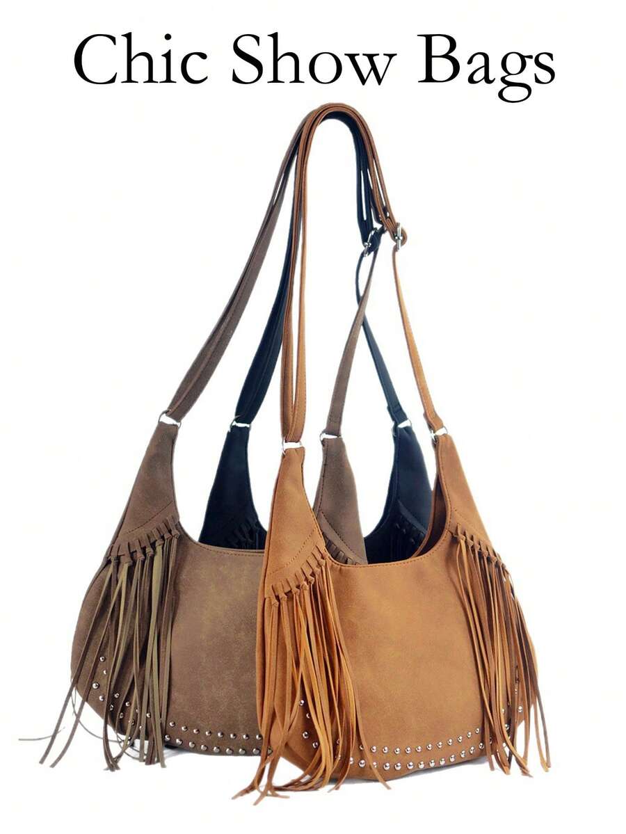 Women Hobo Crossbody Shoulder Bag,Curved Crescent Shape Suede Leather Fringe Tassel Silver Rivet,Adjustable Strap Bohemian Style Daily Travel - Multicolor - View 1