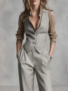 Elegant Women's Suit Set, V-Neck Button Front Vest With Pleated Long Pants, Suitable For Autumn Office Business Casual, Women's 2-Piece Set - Off-white - View 3