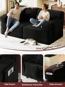 Boneless Sofa Bed - Black - 2-seater With 1 Ottoman - View 5