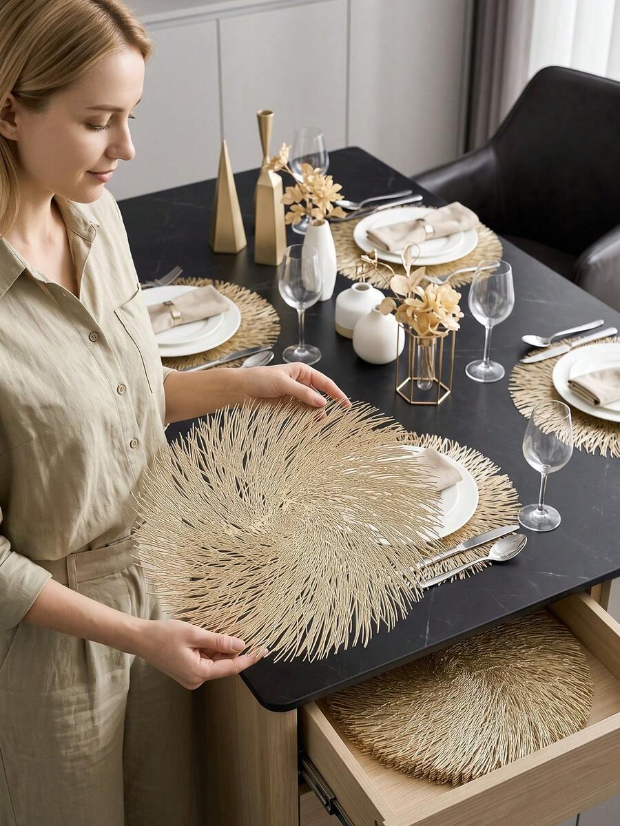 6pcs, Gold Round Hollow PVC Placemats, Washable Tabletop Decor Mats, Non-Slip Odorless Tableware Mats, Durable Highly Attractive Coasters, Suitable For Restaurants, Cafes, Homestays, Fit For Festivals, Parties, Gatherings, Birthdays, Weddings, Dinners. - Multicolor - View 1