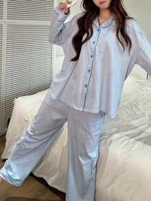 Gongdie 2 Pieces Miffy Women's Pajama Set,Fall Blue Polka Dot Soft Cotton Loungewear With Pocket - Baby Blue - View 2