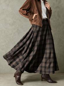 Women's New Wool Blend Plaid Casual Versatile Commute Daily Street Retro Style Flared Long Skirt, Autumn/Winter - Ash Brown - View 3