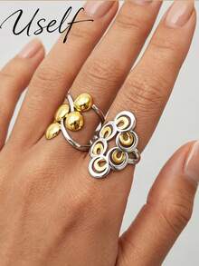 Uself 2pcs/1pc Dual-Tone Gold & Silver Stainless Steel Open Statement Ring, Adjustable Waterproof Ring, Suitable For Daily Wear And Party, Women's Jewelry Gift - Multicolor - View 3