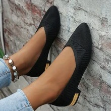 Women's Breathable Knitted Hollow-Out Solid Color Pointed Toe Shallow Vamp Flat Slip-On Shoes, Minimalist Style Spring Summer Commute Soft Sole Knit Shoes - Black - View 14