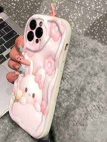 Clear Wavy Curved Edge Phone Case, Rabbit Design Purple Rhinestone Style 2D Embossed Floral Pattern, Transparent Shockproof Soft TPU Protective Cover With Raised Camera Lens Frame, Compatible With Apple 11, 12, 13, 14, 15, 16, 17 Pro Max, Designed For Girls And Women Coquette Aesthetic Raised Lens Protection Case Suitable For Galaxy, Honor, Phones - White - View 7