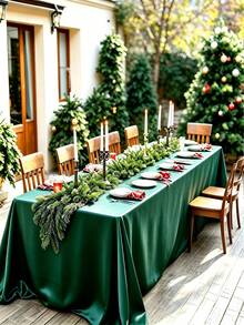 1pc Christmas Deep Green Satin Rectangular Tablecloth, Glossy Silk Fabric, Smooth Texture, Washable, Suitable For Wedding Banquet, Birthday Party, Dinner, Anniversary Table - Multicolor - View 2