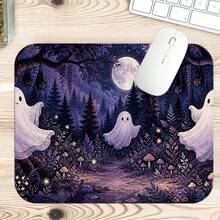 1pc Cute Ghost Moonlit Forest And Mushroom Print XL Gaming Mouse Pad, Whimsical Halloween Keyboard Desk Mat, Spooky Desk Decor - View 8