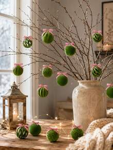 12pcs Matcha Green Flocked Christmas Ball Ornaments With Plaid Bows, Assorted Textured Flocked Hanging Balls, Suitable For Christmas Tree, Winter Wedding, Holiday Party, Fireplace And Farmhouse Style Decor, Holiday Table Centerpiece - Christmas Ornament - View 5