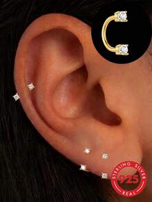 1Pc 925 Sterling Silver Double Zirconia Curved Bar Piercing Ring Multi Use For Nose Septum Helix Cartilage Ear Jewelry Ideal For Daily Wear Gift Giving - Gold - View 1